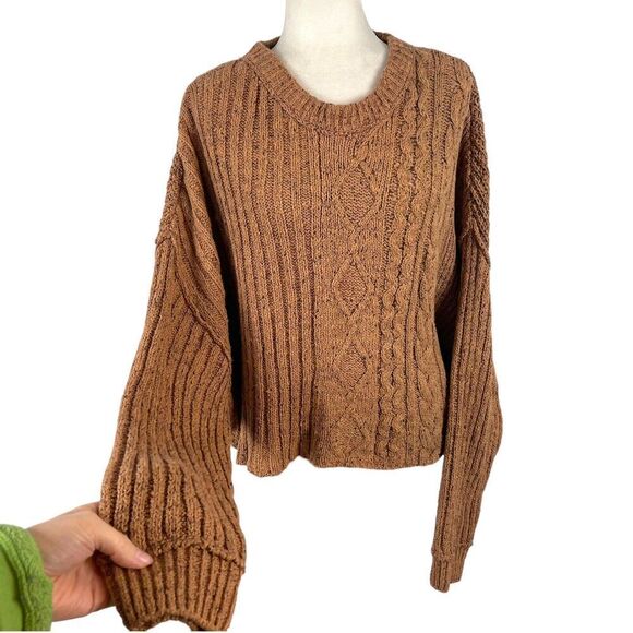 Free People On Your Side Pullover Sweater Small Cable Knit Brown Boxy Cropped - Picture 4 of 16